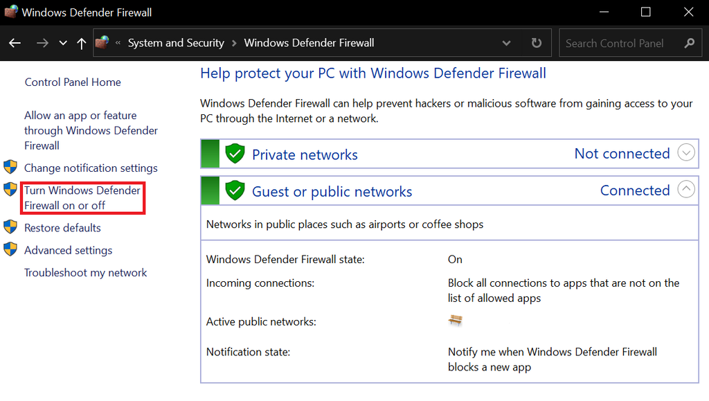 Selecting Turn Windows Defender Firewall on or off