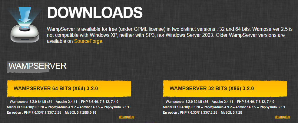 Screenshot of WampServer download buttons.