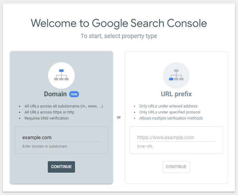 The welcome page of Google Search Console
