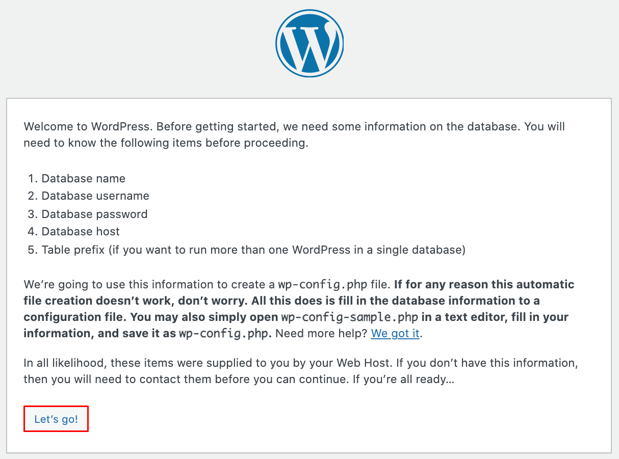 Screenshot of the Welcome to WordPress message.