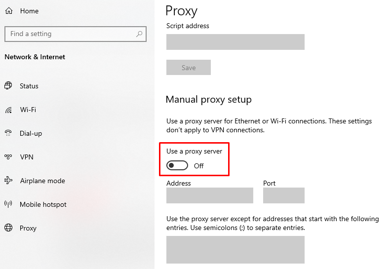 Configuration du serveur proxy sous Windows