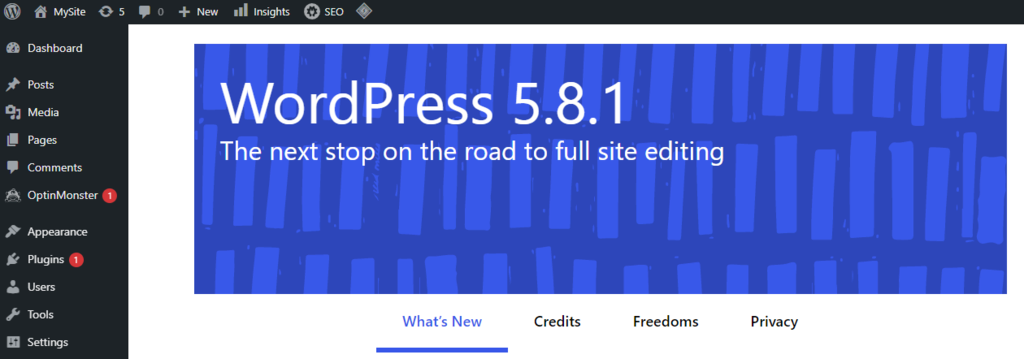 Welcome screen of the new WordPress version.