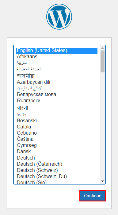 Screenshot of WordPress language options.