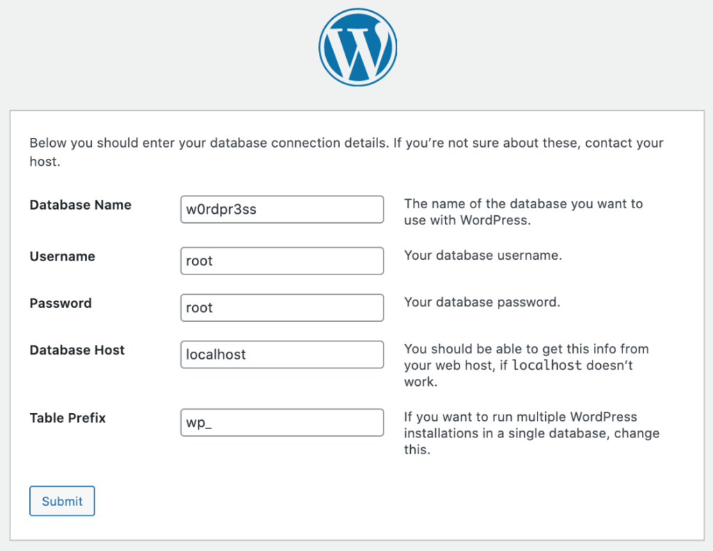 WordPress database setup - filling out the form