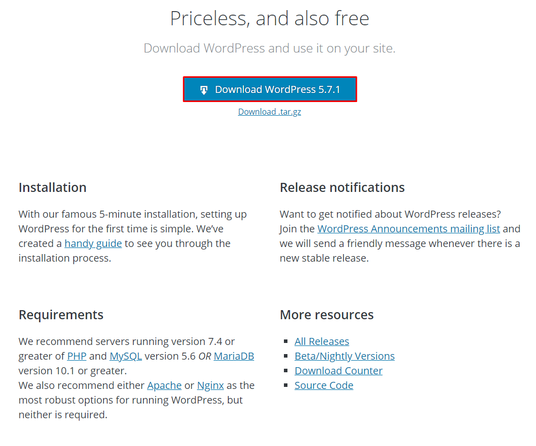Screenshot of WordPress download button.