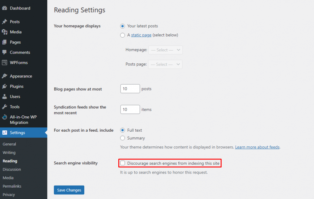 WordPress reading settings