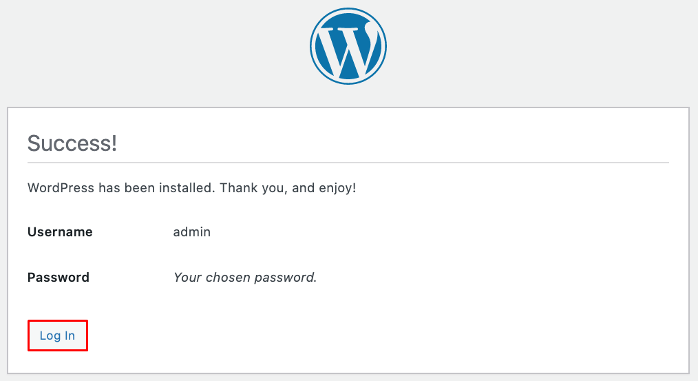 Screenshot of WordPress successful installation message.