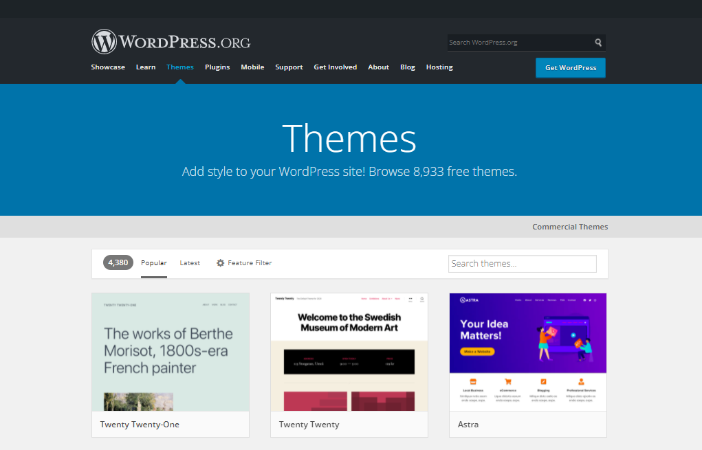 The themes available on the official WordPress directory.