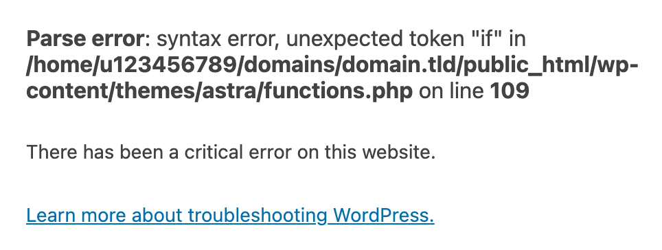 The parse error on a WordPress website after enabling the displayErrors option on hPanel