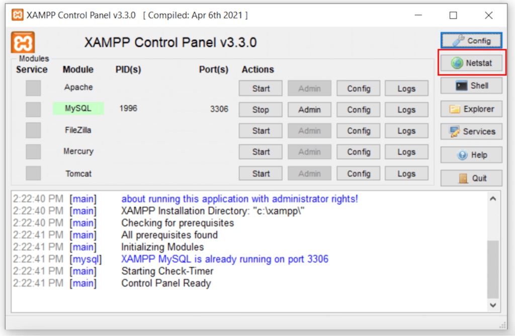 Selecting the Netstat button in the XAMPP Control Panel to see all used ports