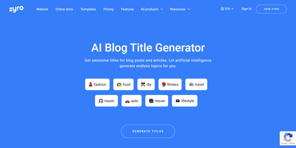 Zyro's AI Blog Title Generator.