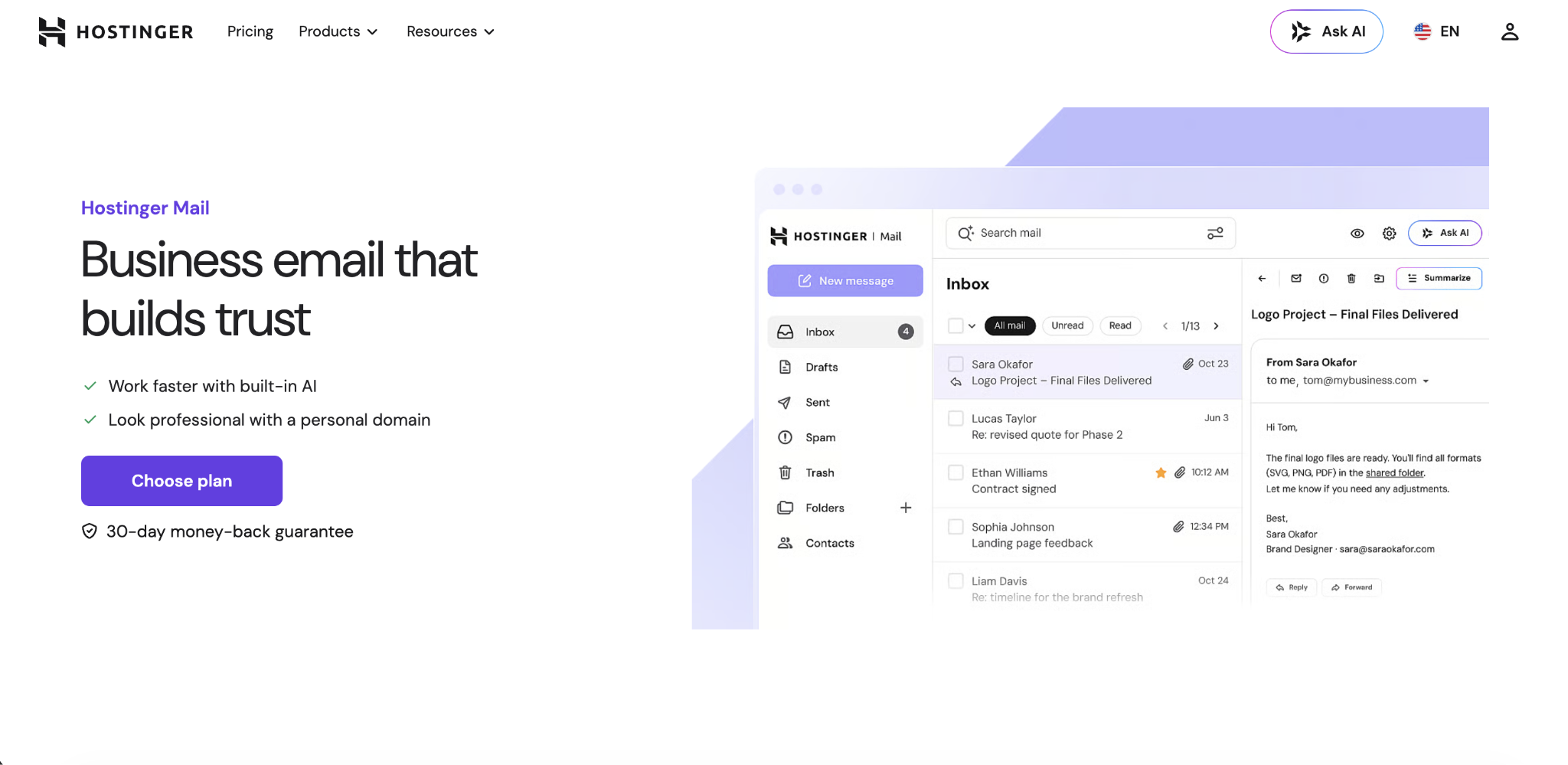 Hostinger Business Email landing page