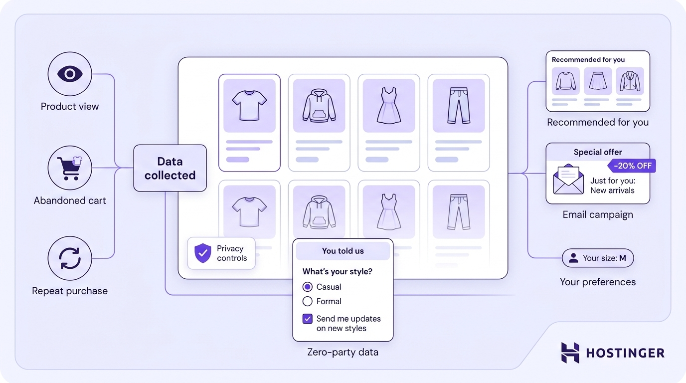 Diagram showing how an ecommerce store collects behavioral and zero-party data to power personalized product recommendations, email campaigns, and preference-based suggestions.