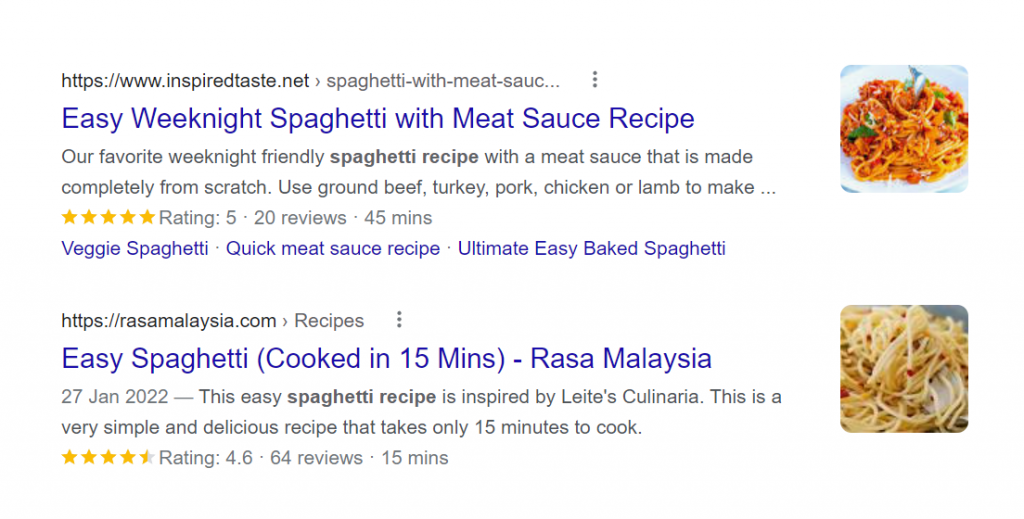 Rich snippets for the keyword "spaghetti recipe"