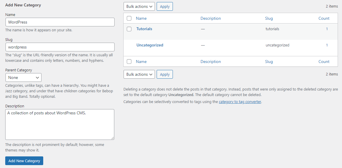 Add a new category page in WordPress