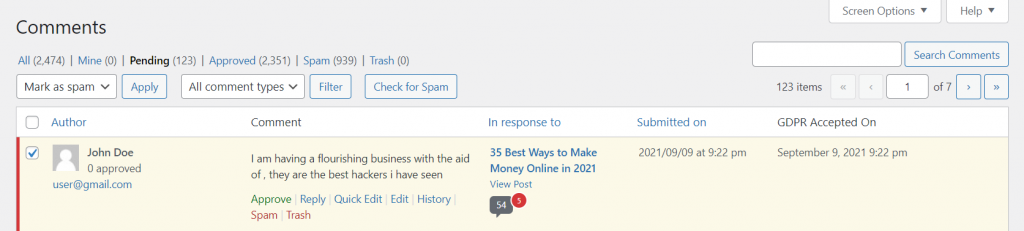 Checking a comment to decide whether it is spam. 