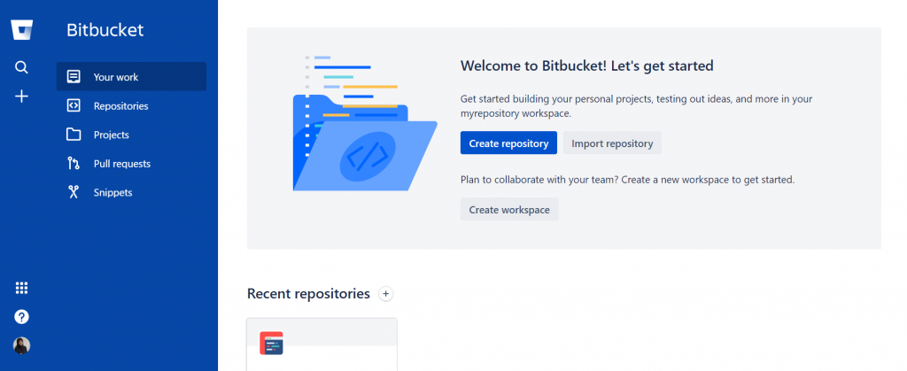 Bitbucket's dashboard interface with its sidebar navigation