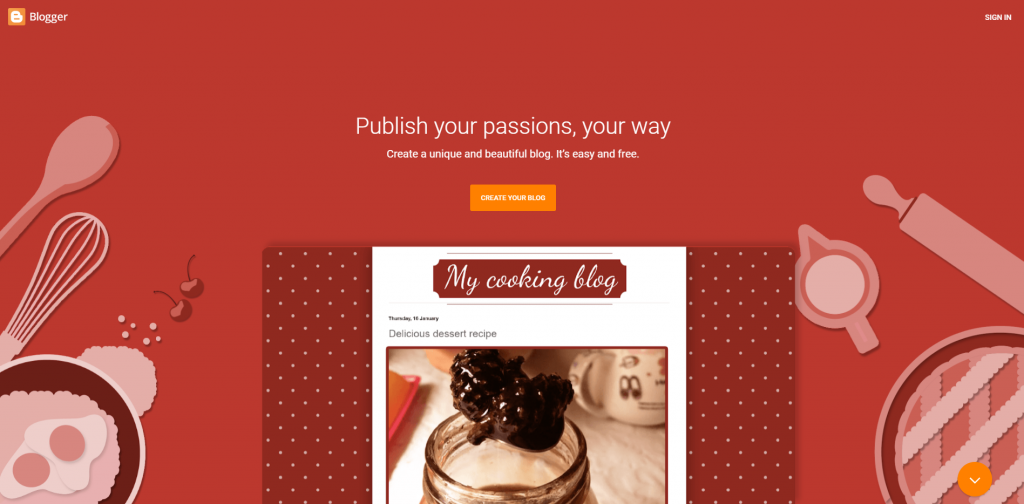 The homepage of the Blogger blogging platform