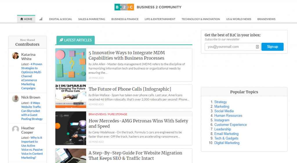 The Business 2 Community website homepage.