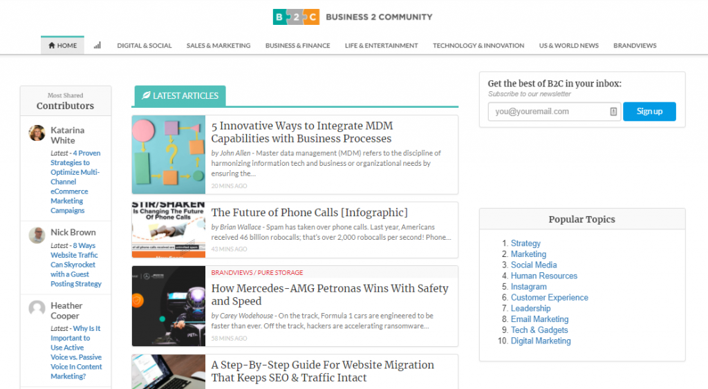 The Business 2 Community website homepage.