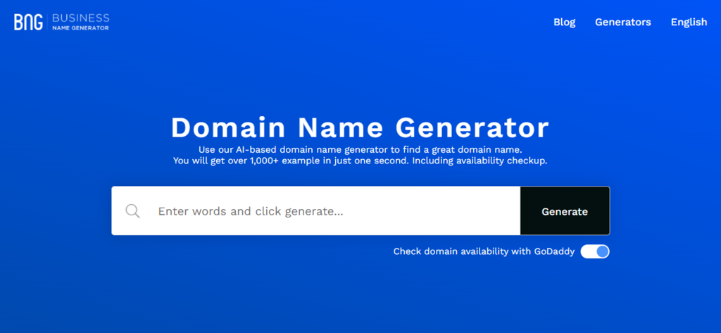 Business name generator page featuring the domain name generator tool.