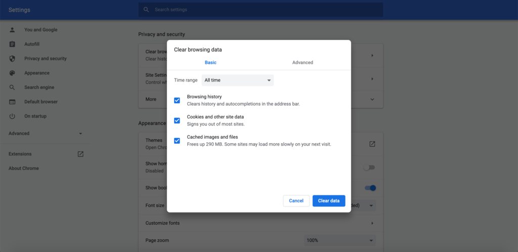 Screenshot showing how to clear your browsing data on Chrome
