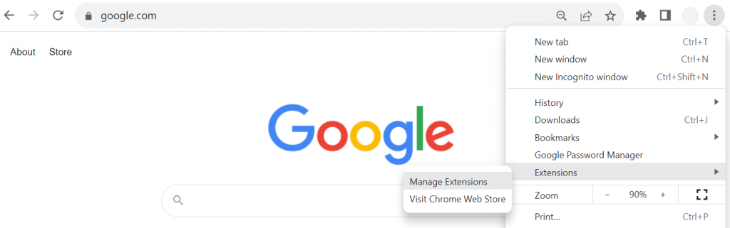 The Chrome browser's Extensions and Manage Extensions menus highlighted