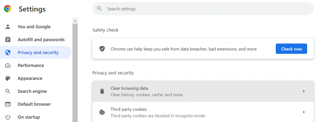 The Privacy and security section under Settings with Clear browsing data highlighted