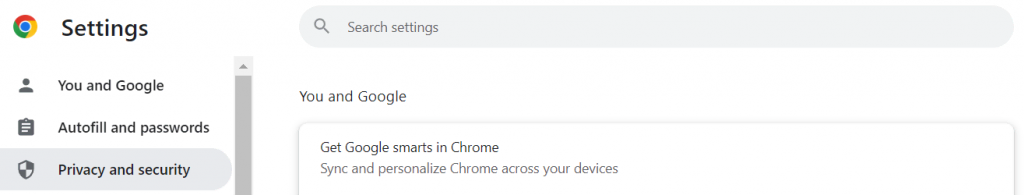 The Settings menu on Chrome with Privacy and security section highlighted