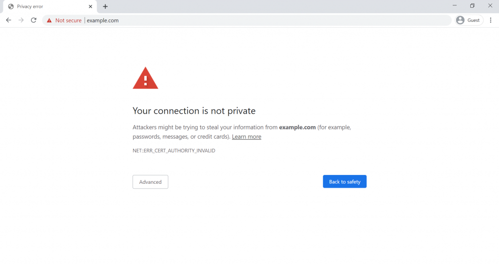 Screenshot showing your connection is not private error on Google Chrome