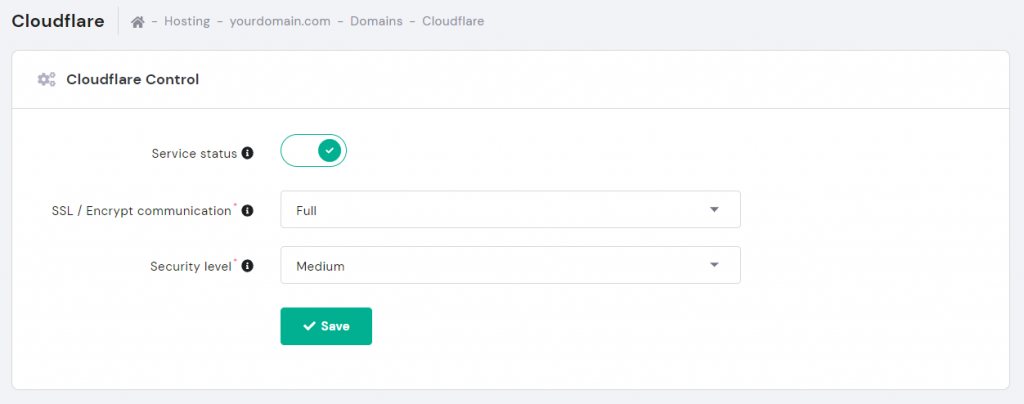 Cloudflare control section on hPanel