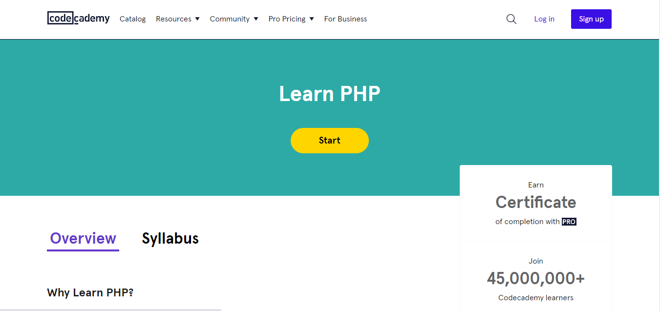The Codecademy's PHP course page.