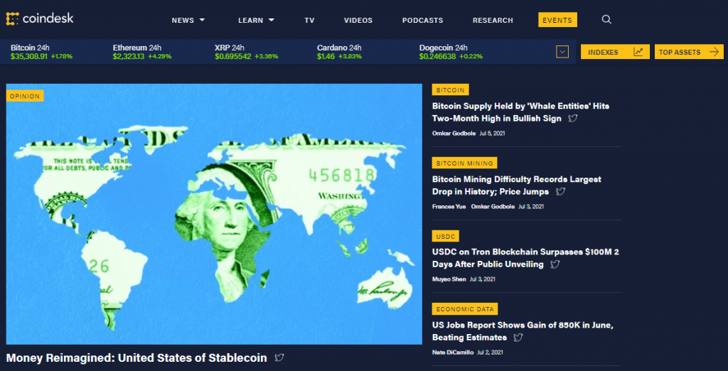 The CoinDesk website homepage.