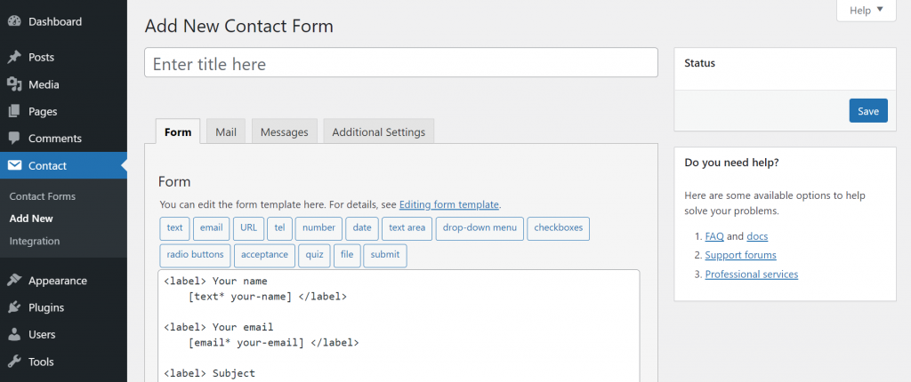Adding a new contact form via the WordPress dashboard.