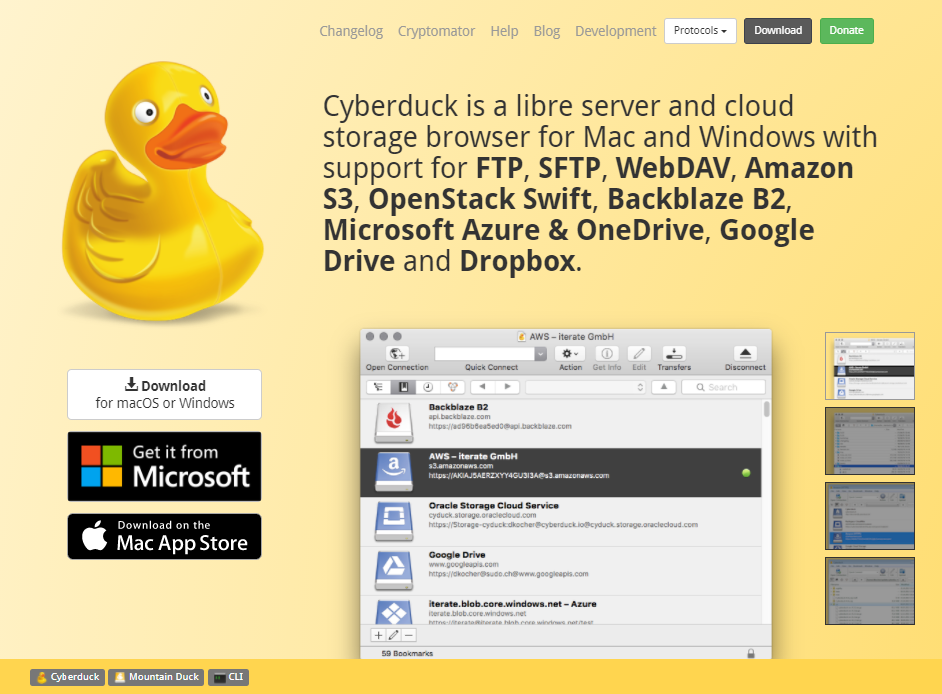 The homepage of the Cyberduck FTP client.