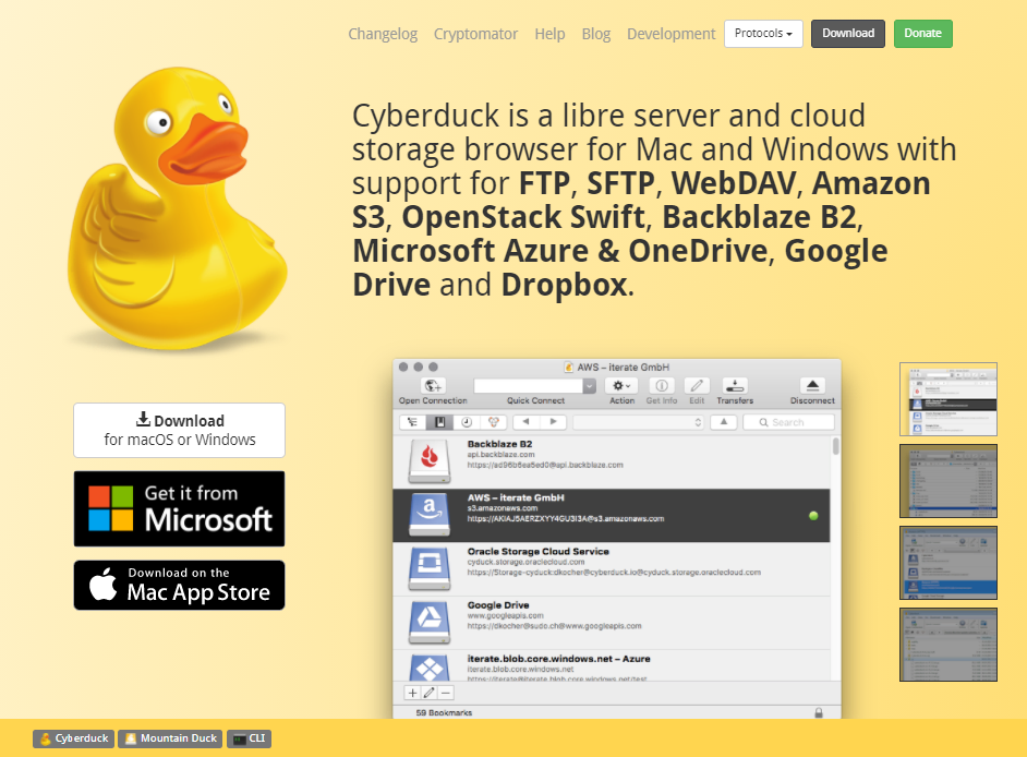 صفحه اصلی کلاینت Cyberduck FTP.