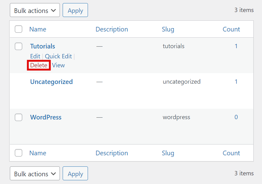 WordPress delete category.