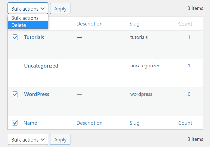 WordPress bulk actions, highlighting the Delete button