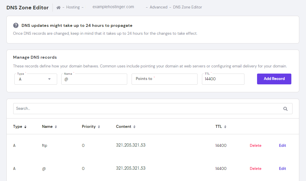 DNS Zone Editor on hPanel.