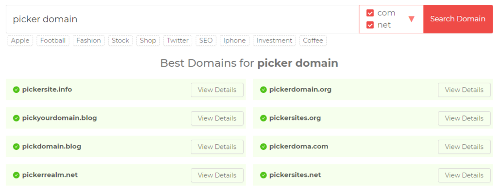 Domain Wheel search results.