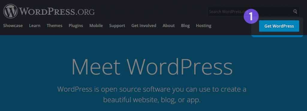 The "Get WordPress" button at the top of the WordPress.org homepage