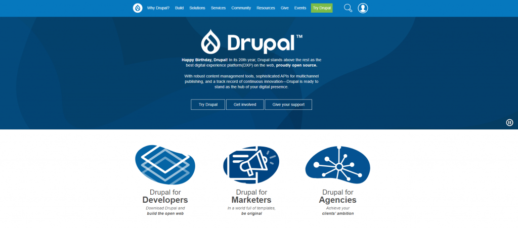 The homepage of the Drupal content management system.
