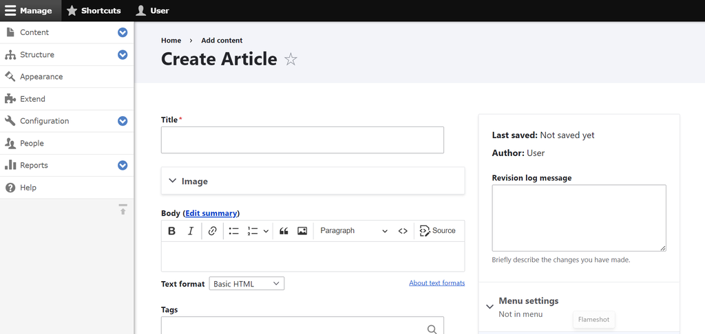 The back-end Drupal interface where users can create a new article for their blogs