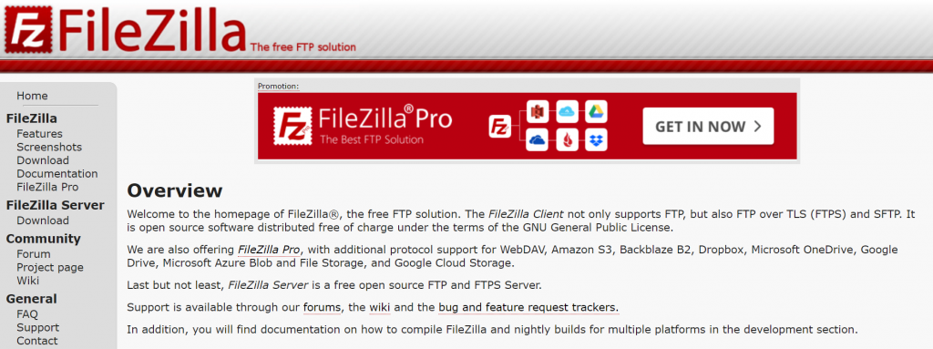 The homepage of the FileZilla FTP client.