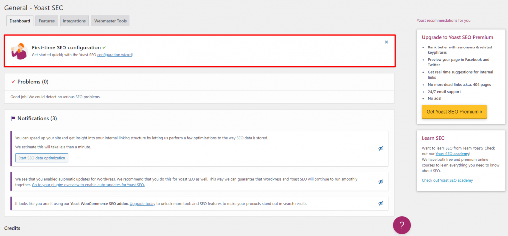 Yoast SEO settings, highlighting First-time SEO Configuration
