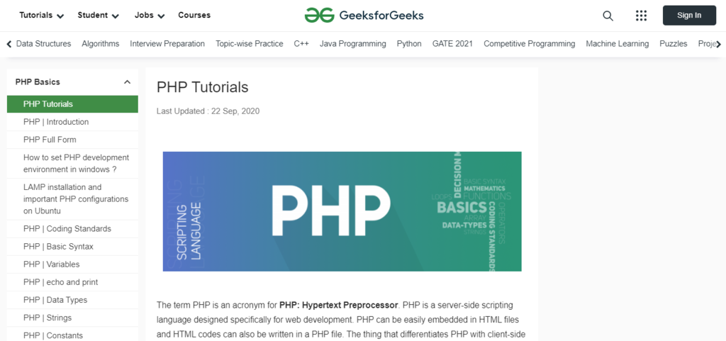 The GeeksforGeeks PHP tutorial page.