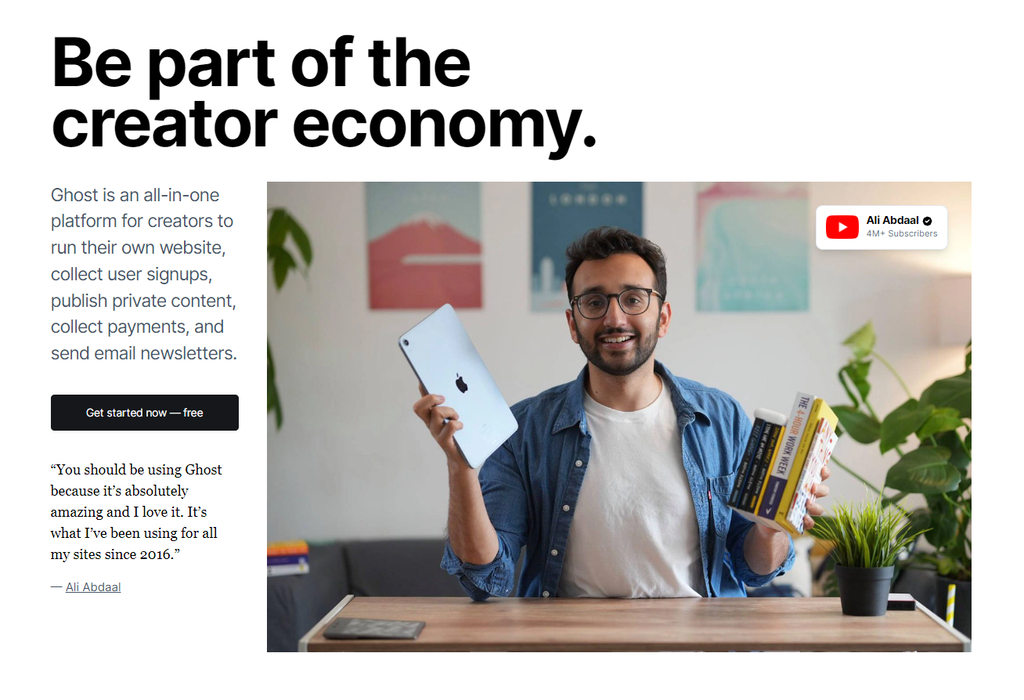 Landing page of Ghost, with YouTuber Ali Abdaal's picture on it