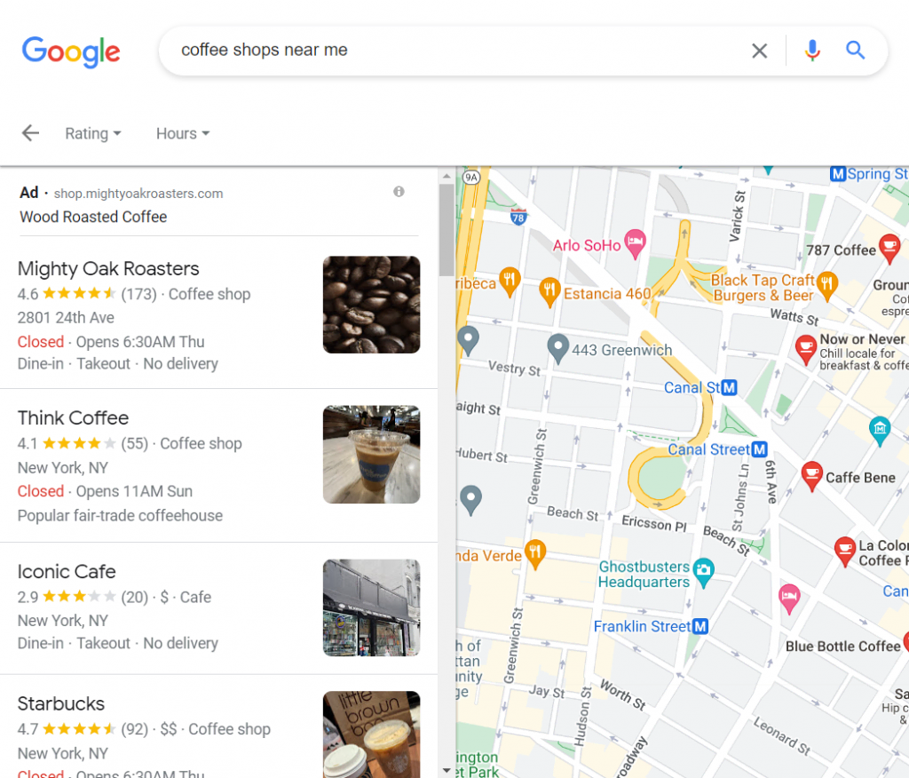 Trang kết quả của Google cho các quán cà phê gần tôi
