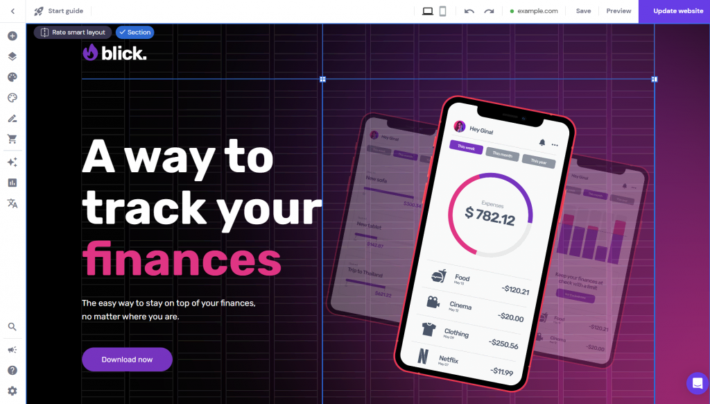 Hostinger Website Builder 的编辑器显示拖放功能