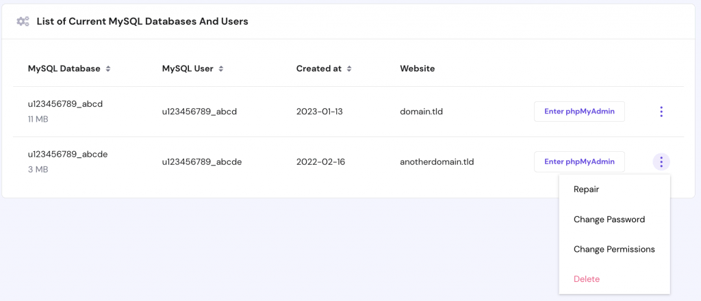 The list of currently created MySQL databases on hPanel. Button for database management is open